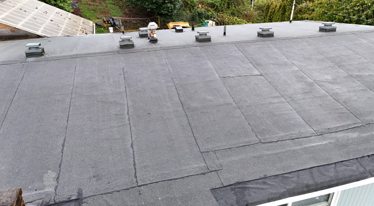Commercial flat roof with TPO membrane installation in Seattle