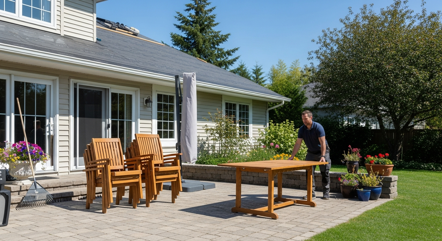 Homeowner moving patio furniture away from the house before a roof replacement begins