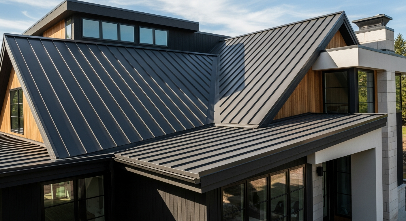 Close-up of standing seam metal roof panels showing the raised seam profile and concealed fastener design