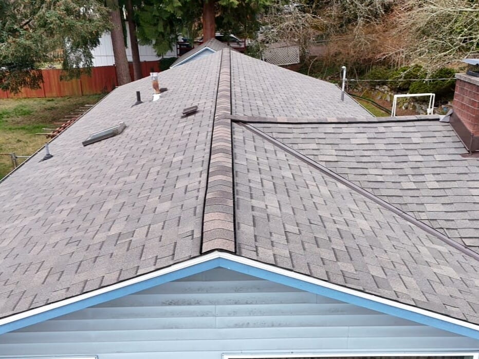Aerial view of a house roof with gray asphalt shingles. The roof features a chimney and two ventilation pipes. Surrounding trees and neighboring houses with similar roofing are visible in the background.