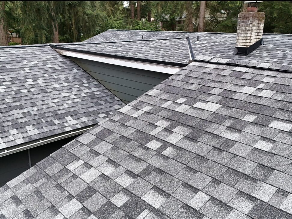 A house roof with overlapping sections covered in gray asphalt shingles, featuring a metal vent and a brick chimney, surrounded by tall evergreen trees in the background.