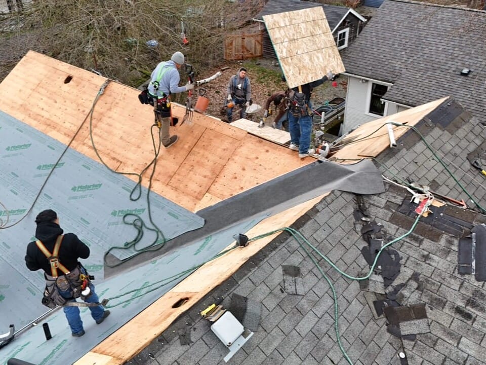 A group of workers wearing safety harnesses are installing new wooden panels and roofing underlayment on a residential house roof; roofing tools and materials are scattered around.