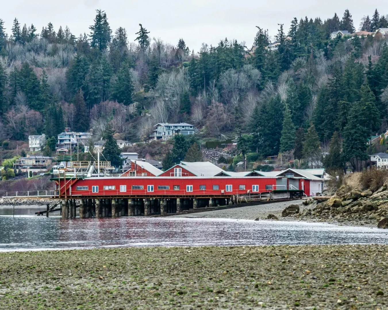A large red building on wooden stilts extends over the water near a rocky shoreline, with houses and dense evergreen trees covering the hillside in the background.