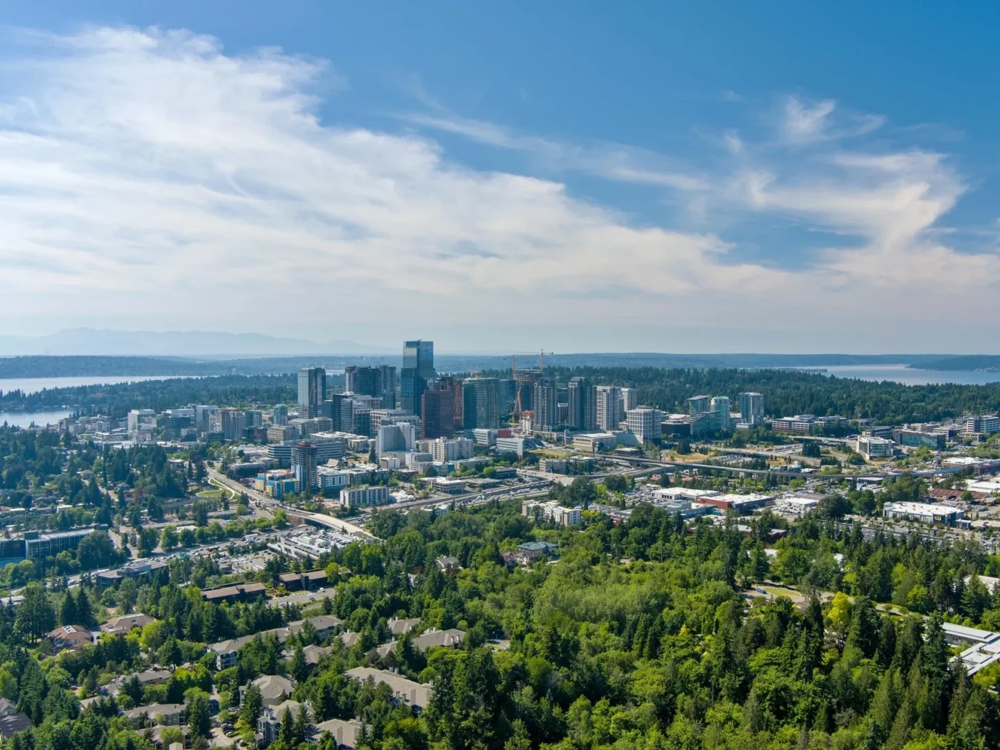 Aerial view of a city with modern high-rise buildings, surrounded by trees and greenery, under a partly cloudy blue sky, with a large body of water in the background.