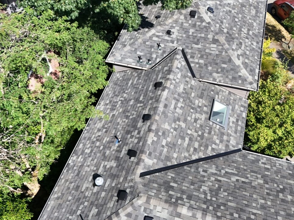 Aerial view of a house roof with dark gray shingles, multiple vents, a skylight, and surrounded by green trees and shrubs. A red vehicle is partially visible on the street.