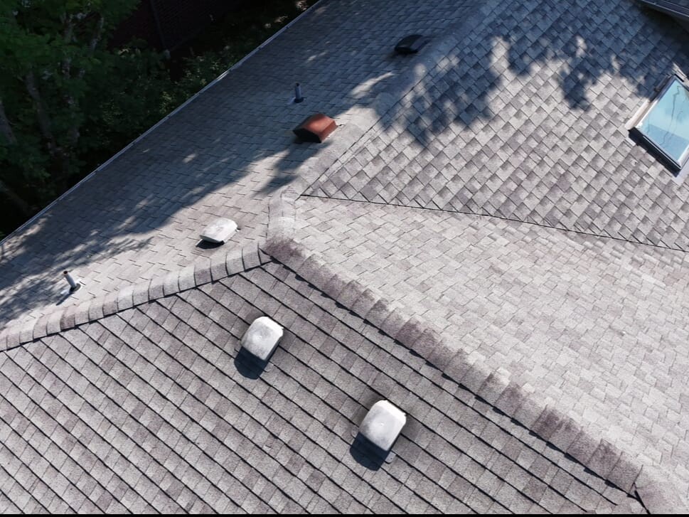 Aerial view of a house roof with gray shingles, several roof vents, a skylight, and nearby tree shadows falling across the roof.