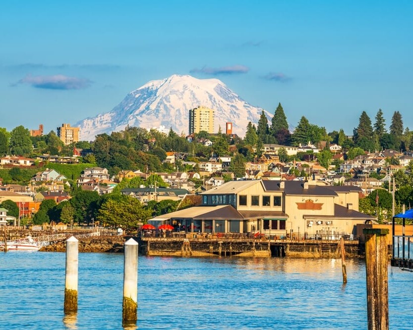 A waterfront cityscape with piers and buildings in the foreground, green trees and houses on a hillside, and a snow-capped mountain visible in the background under a clear blue sky.