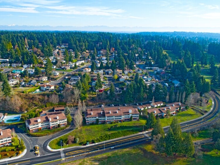 Aerial view of a suburban neighborhood with houses, winding roads, and dense trees. The sky is clear, and mountains are visible in the distant background.