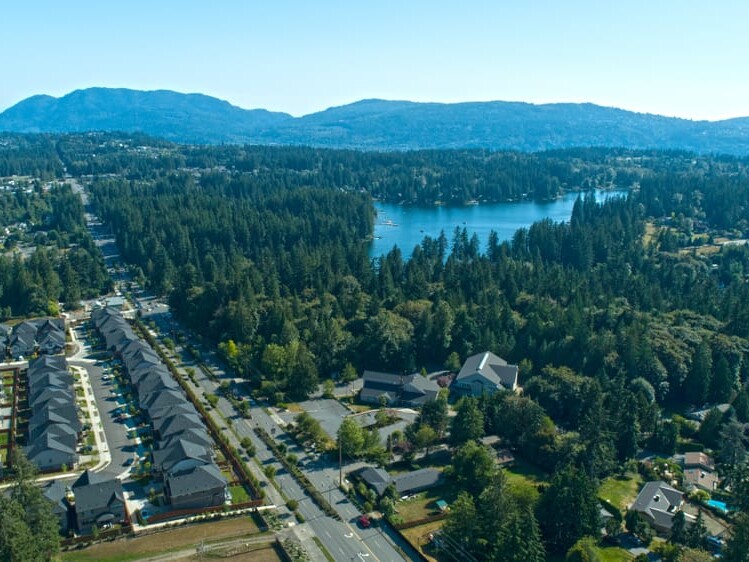 Aerial view of a suburban neighborhood with rows of houses, dense trees, a winding road, and a blue lake surrounded by forested hills under a clear sky.